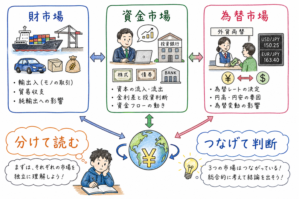 財市場、資金市場、為替市場を分けて読む図解