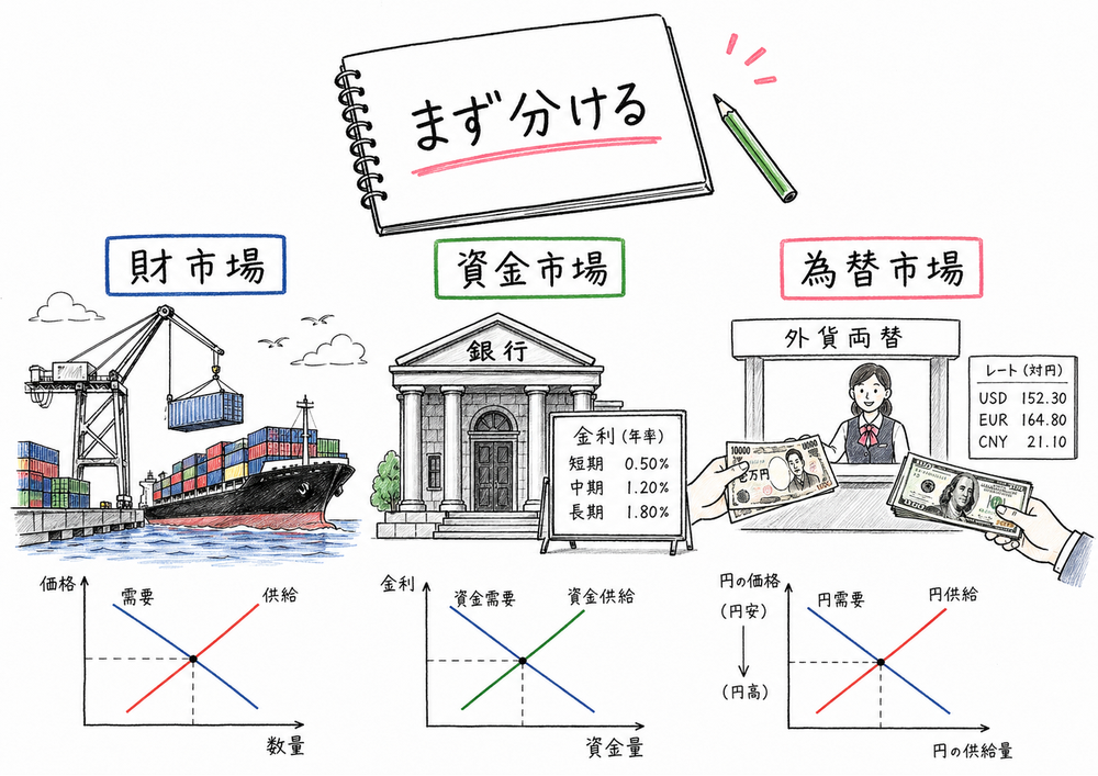 国際経済を財市場、資金市場、為替市場に分けて読む図解