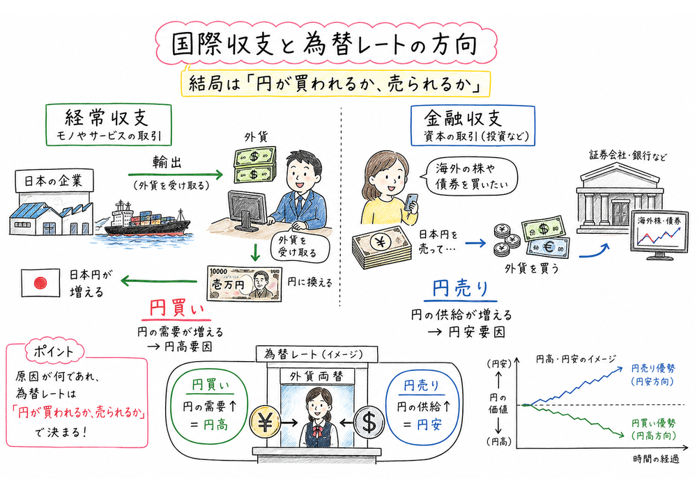 経常収支と金融収支を分け、円買いと円売りで為替の向きを読む図解