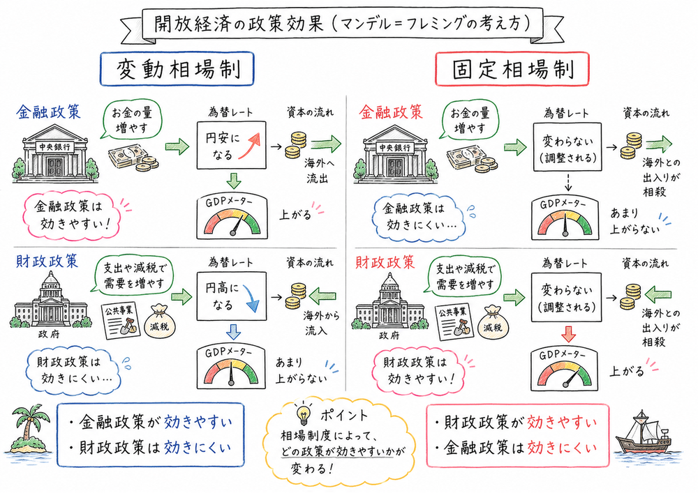 開放経済で為替制度により財政政策と金融政策の効果が変わる図解