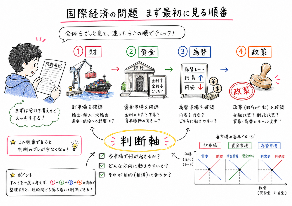 初見問題で財、資金、為替、政策の順に判断軸へ戻る図解