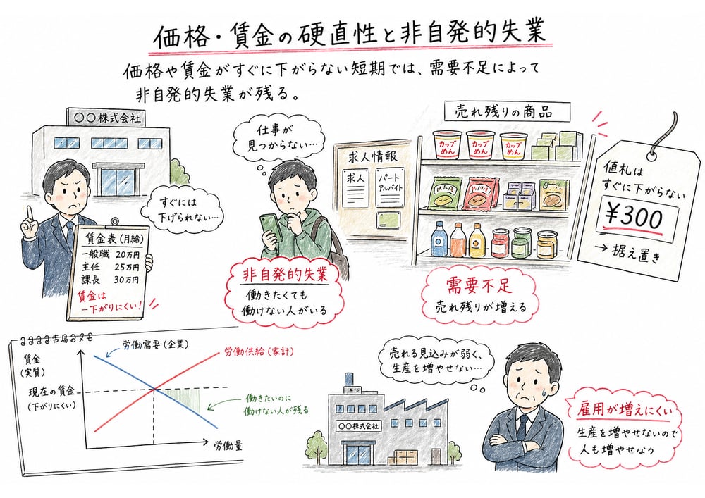 価格や賃金の硬直性と需要不足により非自発的失業が残ることを示す図解