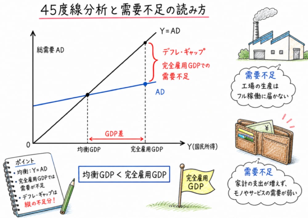 45度線分析で均衡GDPと完全雇用GDPの差を需要不足として読む図解