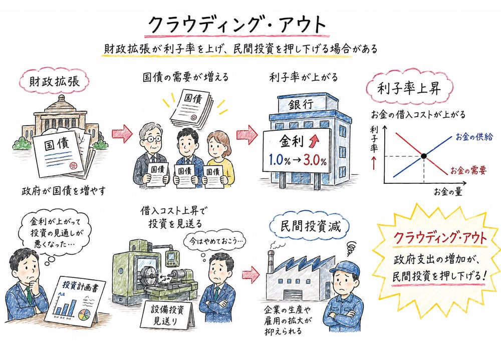 財政拡張が利子率上昇を通じて民間投資を抑えるクラウディング・アウトの図解
