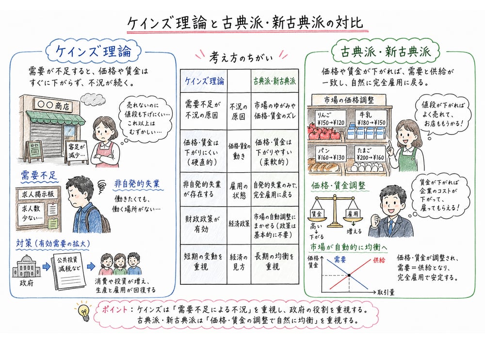 ケインズ理論と古典派・新古典派の前提の違いを比較する図解