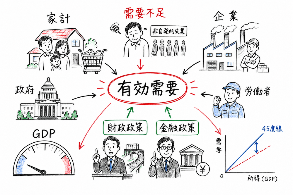 ケインズ理論で有効需要、需要不足、非自発的失業、政策効果を最初に押さえる図解