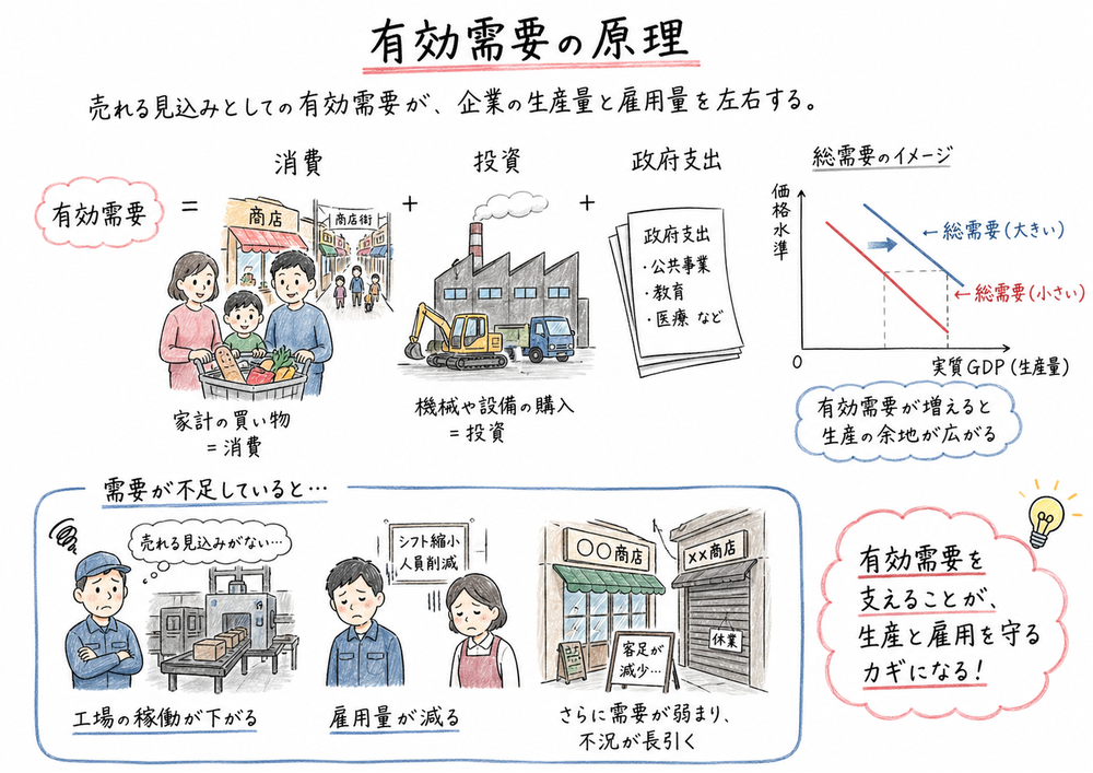 有効需要が消費・投資・政府支出を通じて生産と雇用を左右することを示す図解