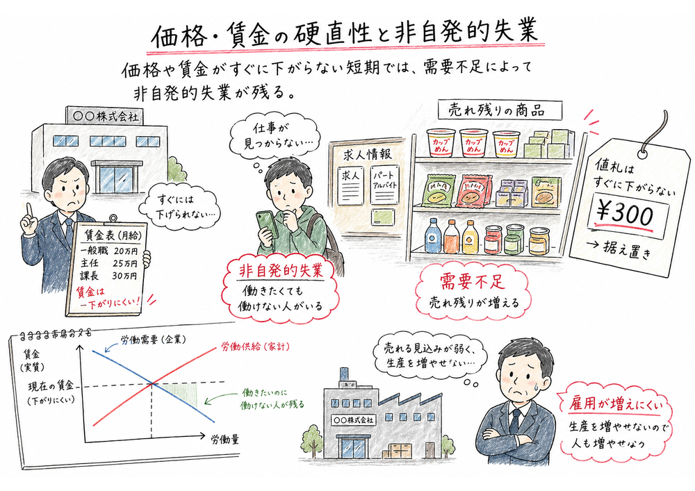 価格や賃金の硬直性と需要不足により非自発的失業が残ることを示す図解