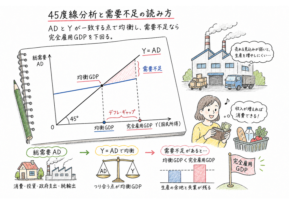 45度線分析で均衡GDPと完全雇用GDPの差を需要不足として読む図解