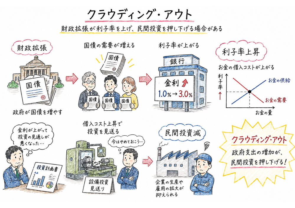 財政拡張が利子率上昇を通じて民間投資を抑えるクラウディング・アウトの図解