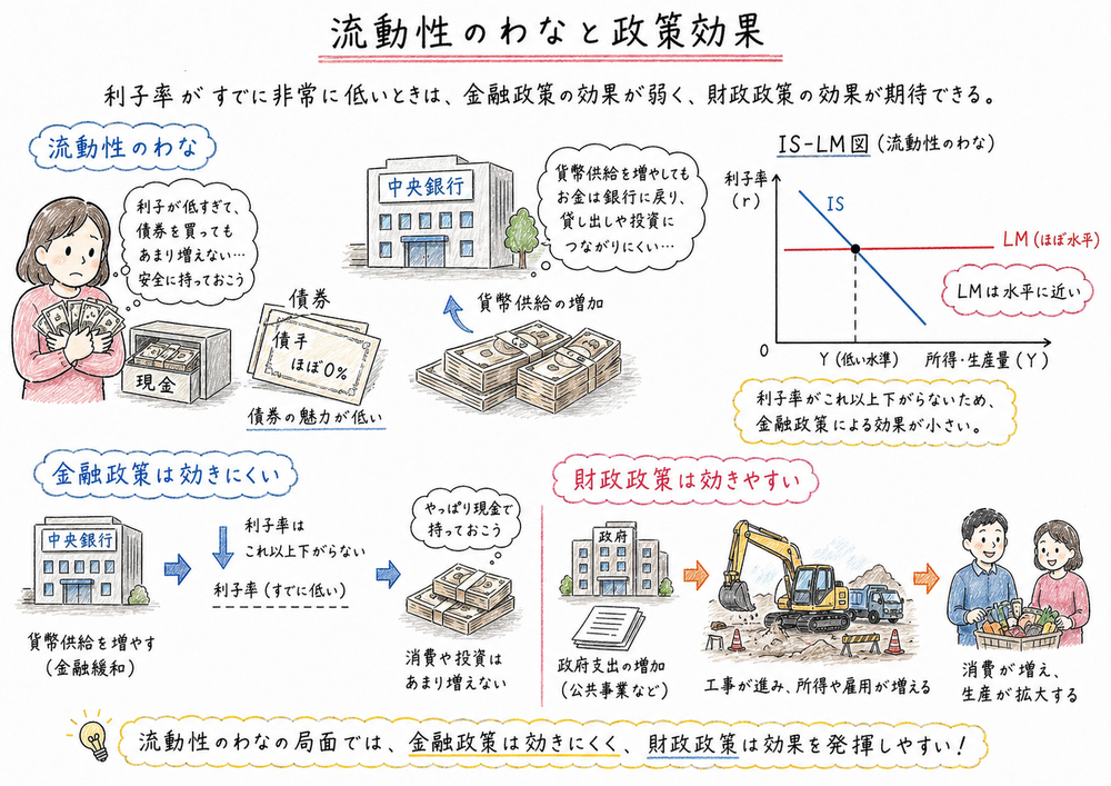 流動性のわなで金融政策が効きにくく財政政策が効きやすいことを示す図解