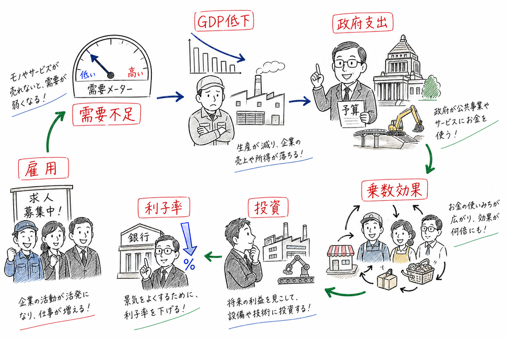 ケインズ理論の需要不足から政策効果までの流れをまとめた図解