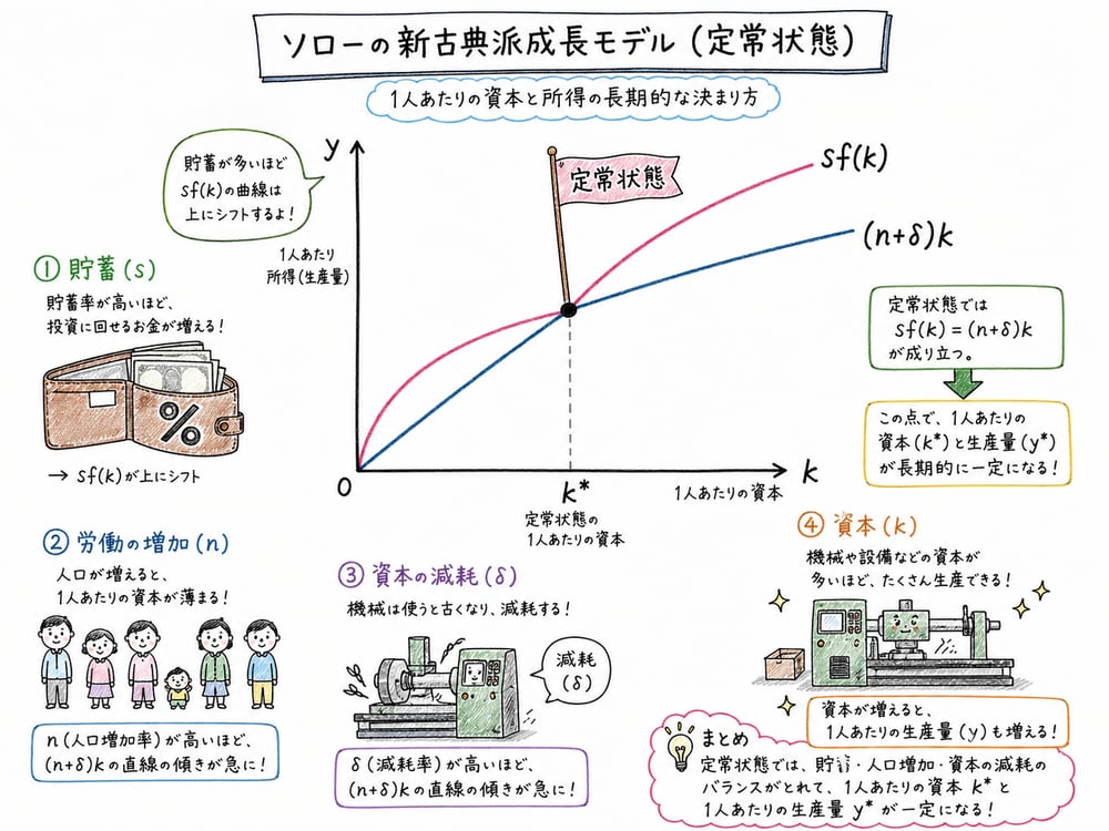 新古典派成長論で実際投資と必要投資の交点が定常状態を示す図解