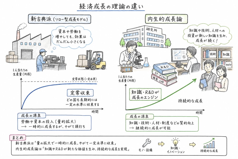 新古典派成長論の定常収束と内生的成長論の持続的成長を対比する図解