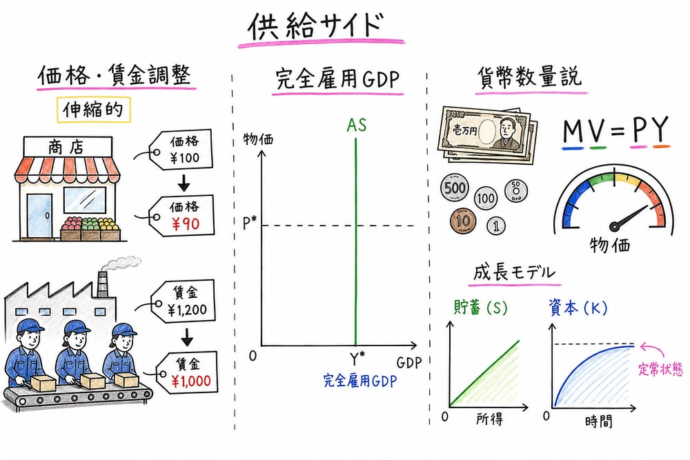 古典派・新古典派の前提からGDP、物価、成長モデルの判断までをまとめた図解