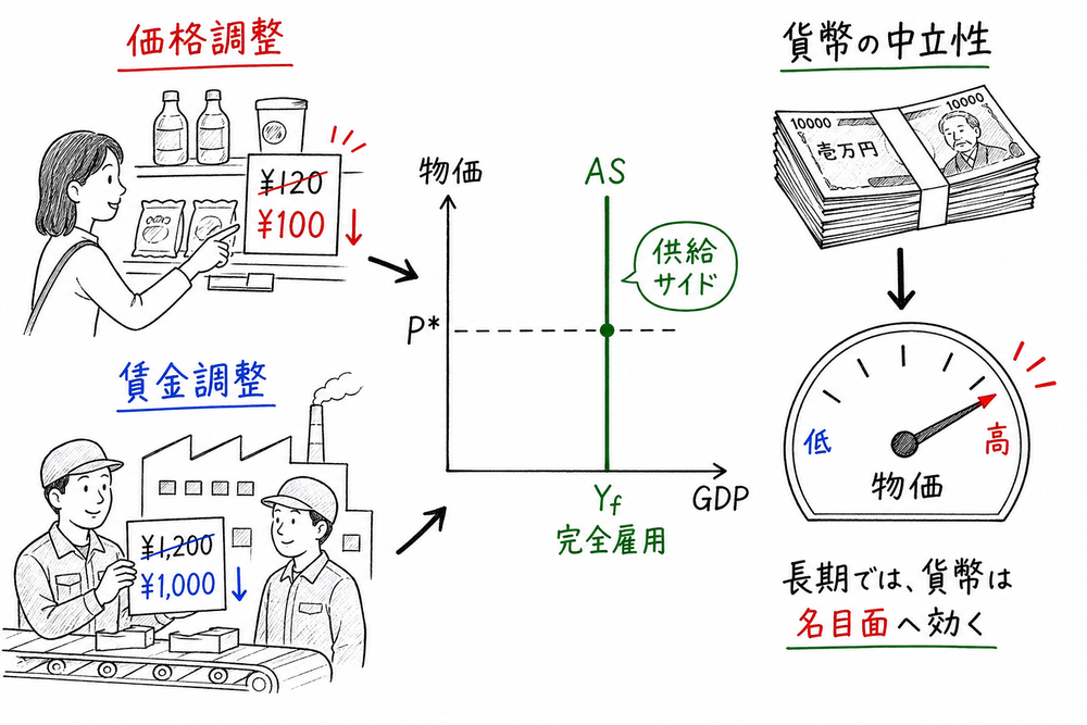 古典派・新古典派で価格調整、完全雇用、供給サイド、貨幣の中立性を押さえる図解