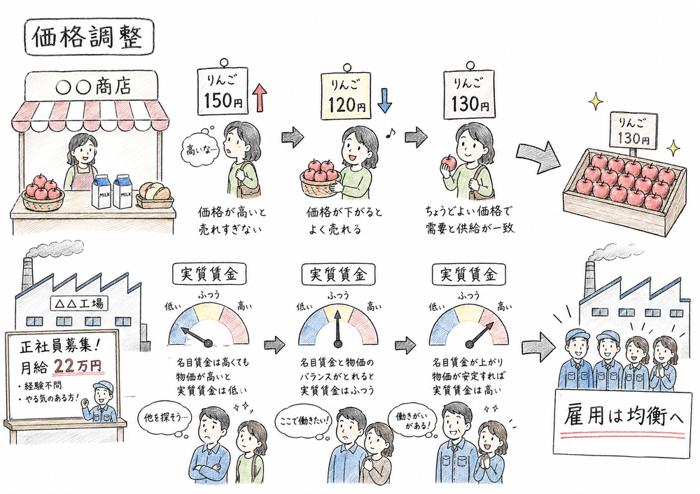 価格と賃金の伸縮性を、商店の値札と工場の雇用調整で示す図解