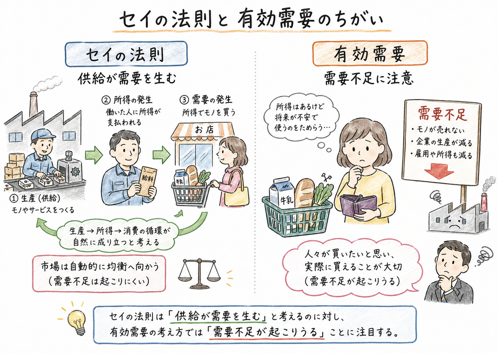 セイの法則と有効需要の原理の違いを工場と家計で対比する図解