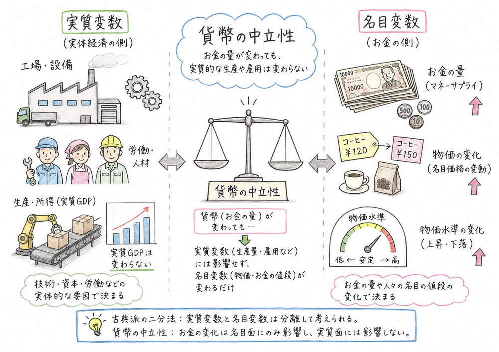 古典派の二分法と貨幣の中立性を実質変数と名目変数に分けて示す図解