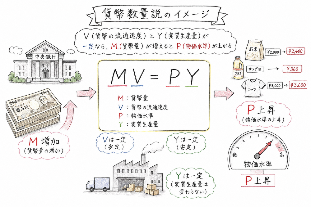 貨幣数量説で貨幣供給の増加が物価水準へ反映されることを示す図解