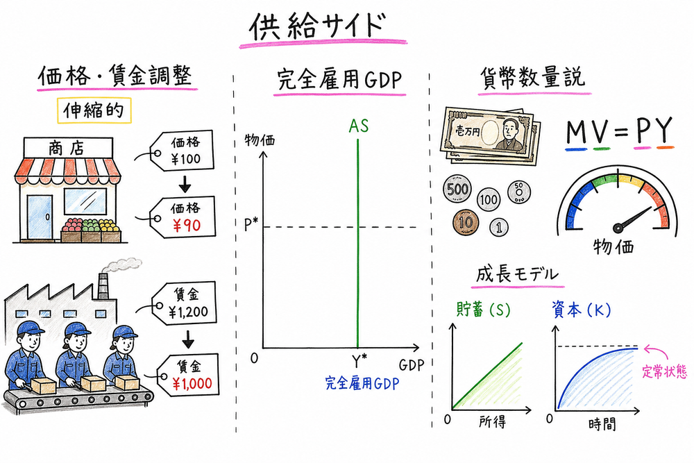 古典派・新古典派の前提からGDP、物価、成長モデルの判断までをまとめた図解
