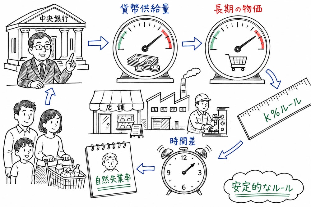 マネタリズムで貨幣供給量、物価、k%ルール、自然失業率を押さえる図解