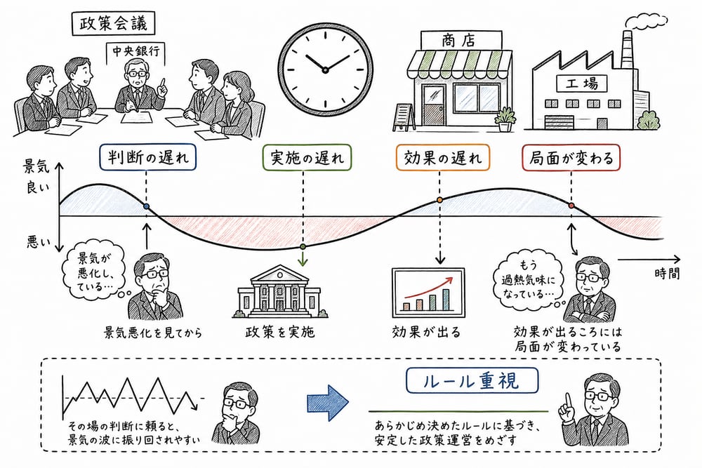 裁量政策では判断、実施、効果発現に時間差があり、景気局面が変わるリスクを示した図解