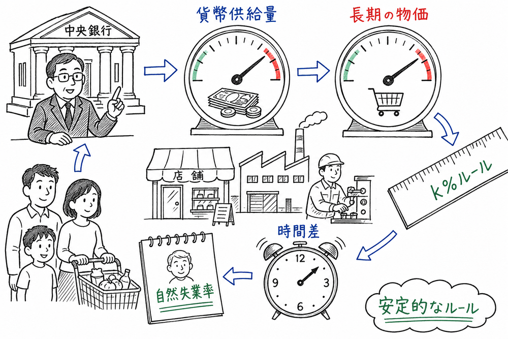 マネタリズムで貨幣供給量、物価、k%ルール、自然失業率を押さえる図解
