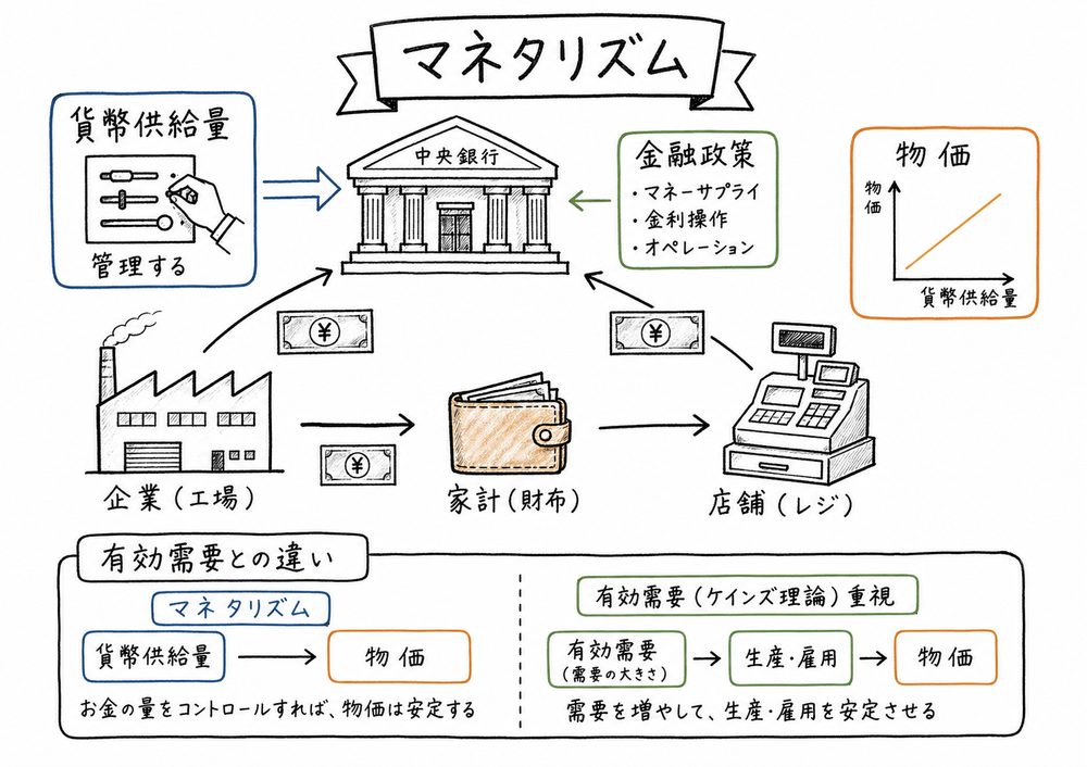 マネタリズムが貨幣供給量の管理を重視する考え方を、中央銀行、企業、家計、店舗の関係で示した図解