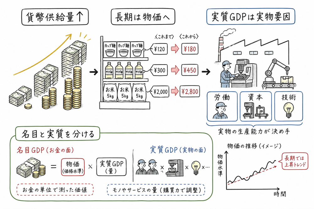 貨幣供給量の増加が長期には物価へ反映され、実質GDPは実物要因で決まりやすいことを示した図解