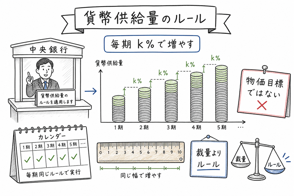 k%ルールが物価上昇率目標ではなく、貨幣供給量を一定率で増やすルールであることを示した図解