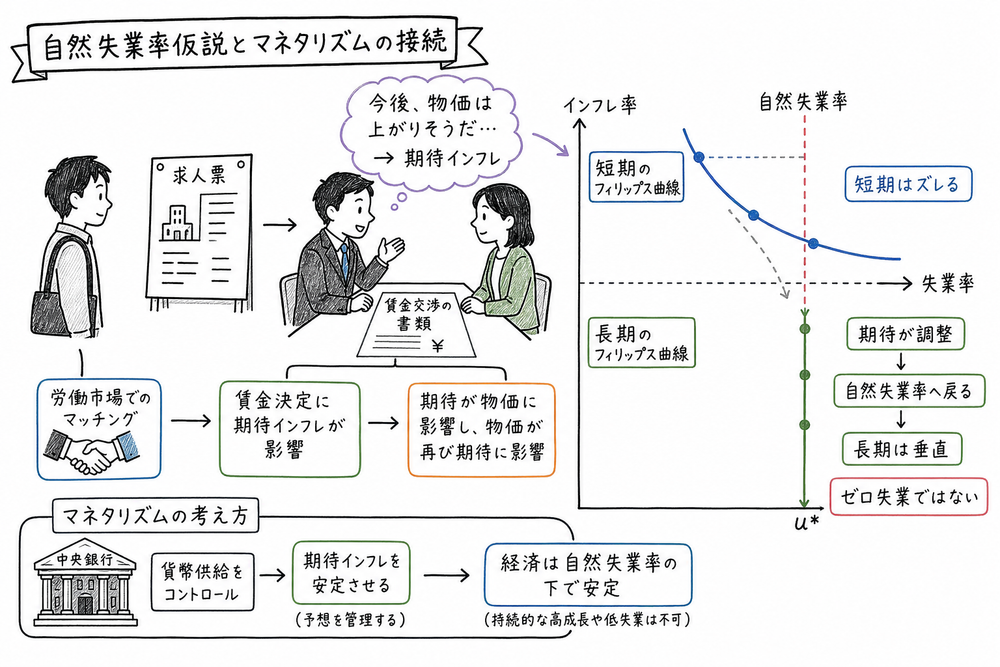 自然失業率仮説で短期のずれが期待調整により長期には自然失業率へ戻ることを示した図解