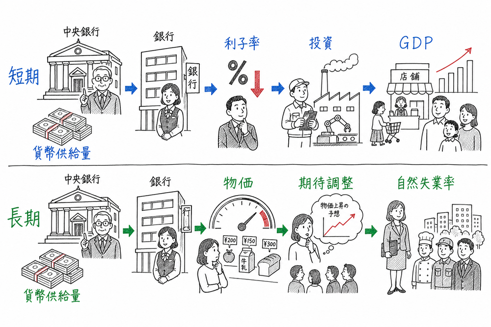 マネタリズムを短期の需要効果と長期の物価効果に分けてまとめた図解