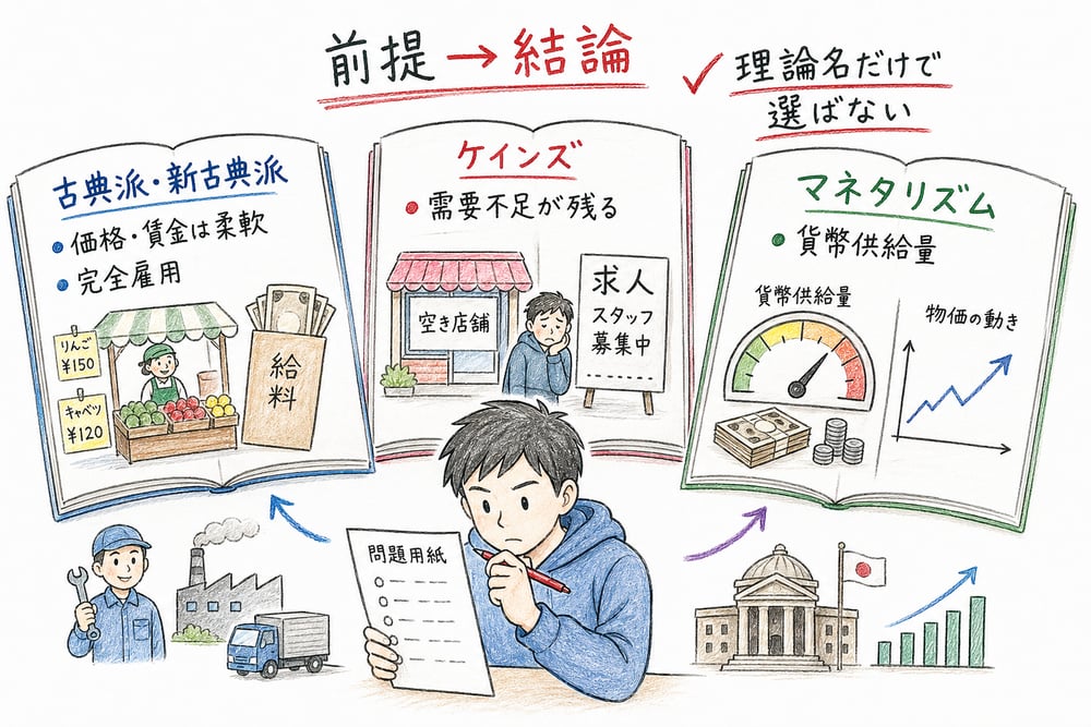 主要経済理論を前提と結論の対応で横断的に確認する図解