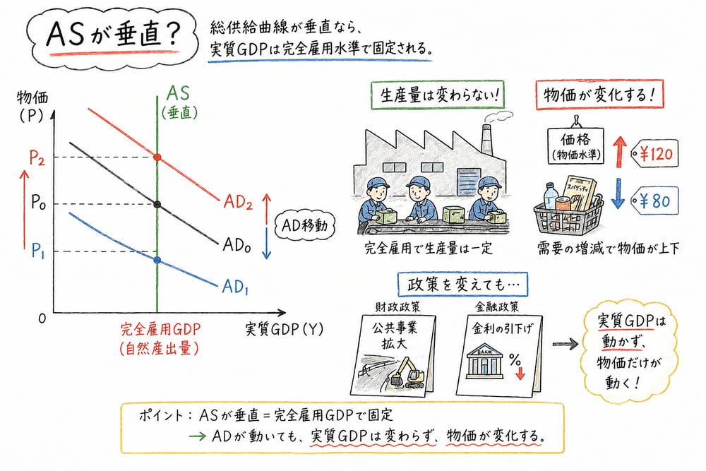 垂直な総供給曲線と完全雇用GDPの図解