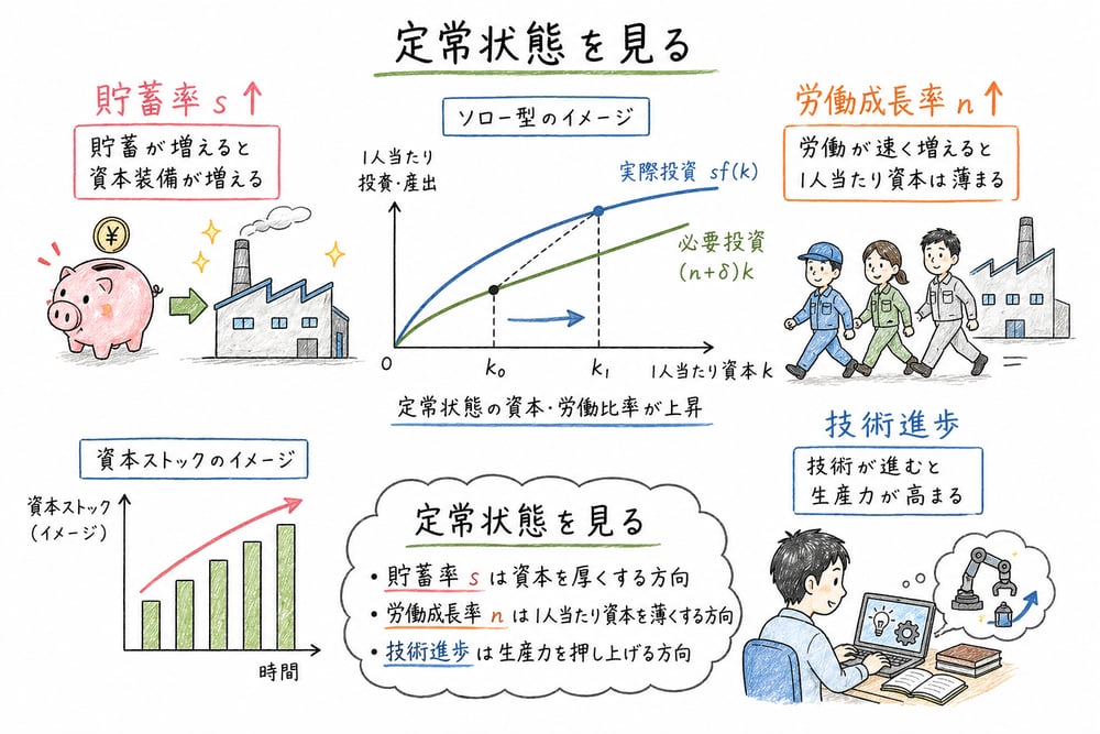 成長理論の定常状態を動かす要因の図解