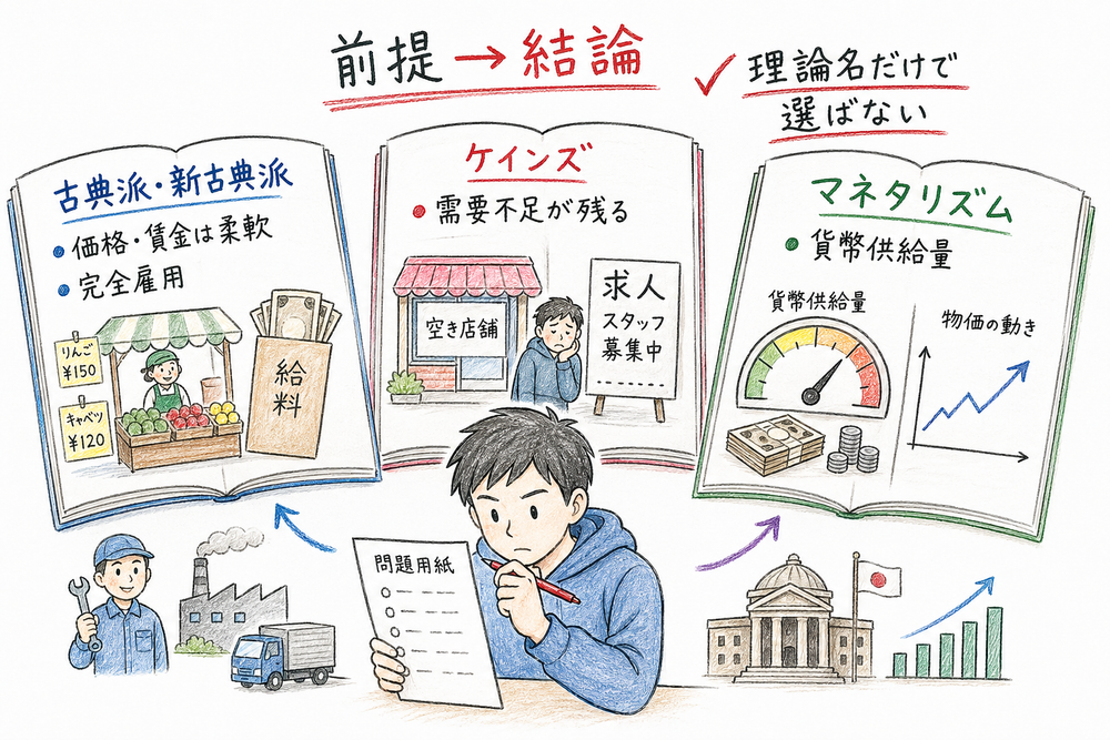 主要経済理論を前提と結論の対応で横断的に確認する図解