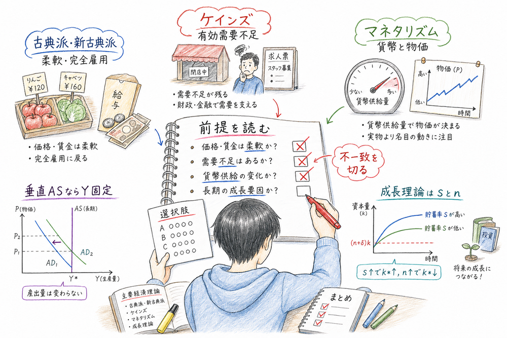 主要経済理論を選択肢の前提から判定する流れをまとめた図解
