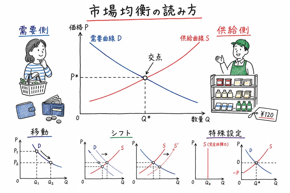 市場均衡を需要側、供給側、曲線上の移動とシフト、特殊設定の順に読む図解