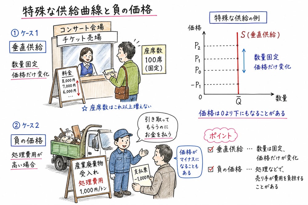 数量が固定された垂直供給では価格だけが変わり、処理費用がある財では負の価格もあり得ることを示す図解