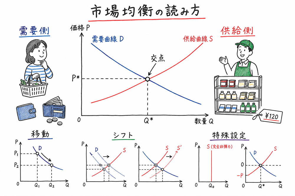 市場均衡を需要側、供給側、曲線上の移動とシフト、特殊設定の順に読む図解