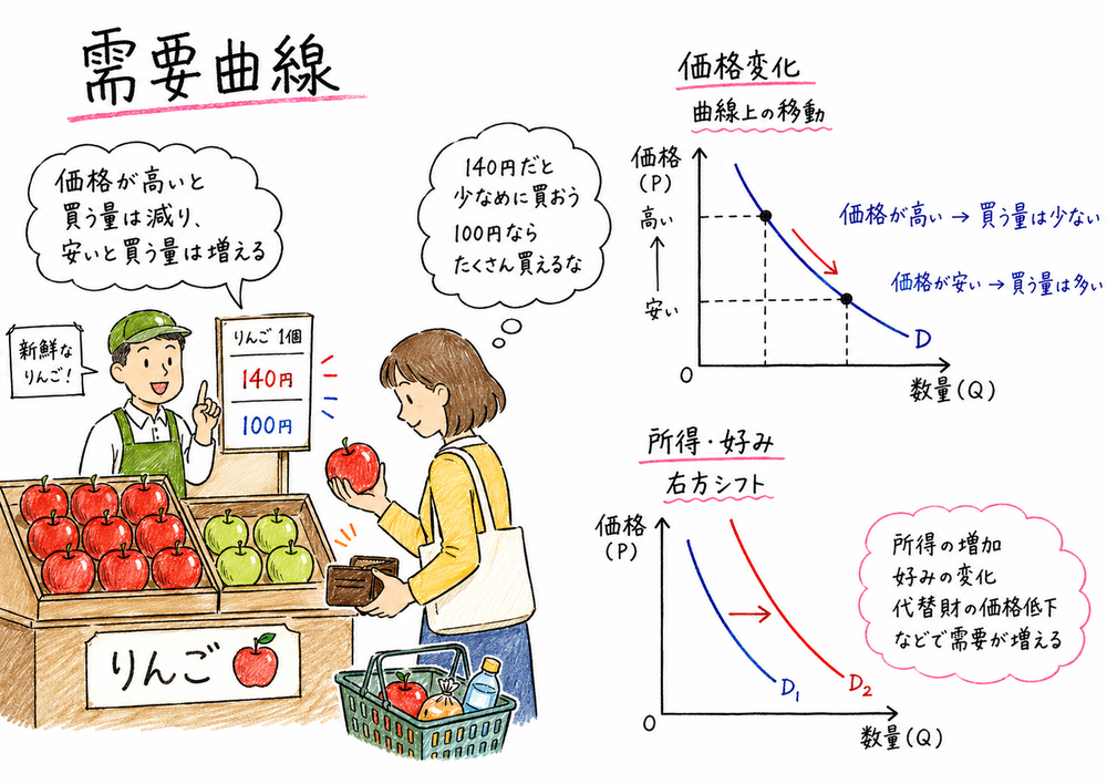 需要曲線では価格変化による曲線上の移動と、所得や代替財価格による曲線の右方シフトを分けて読む図解