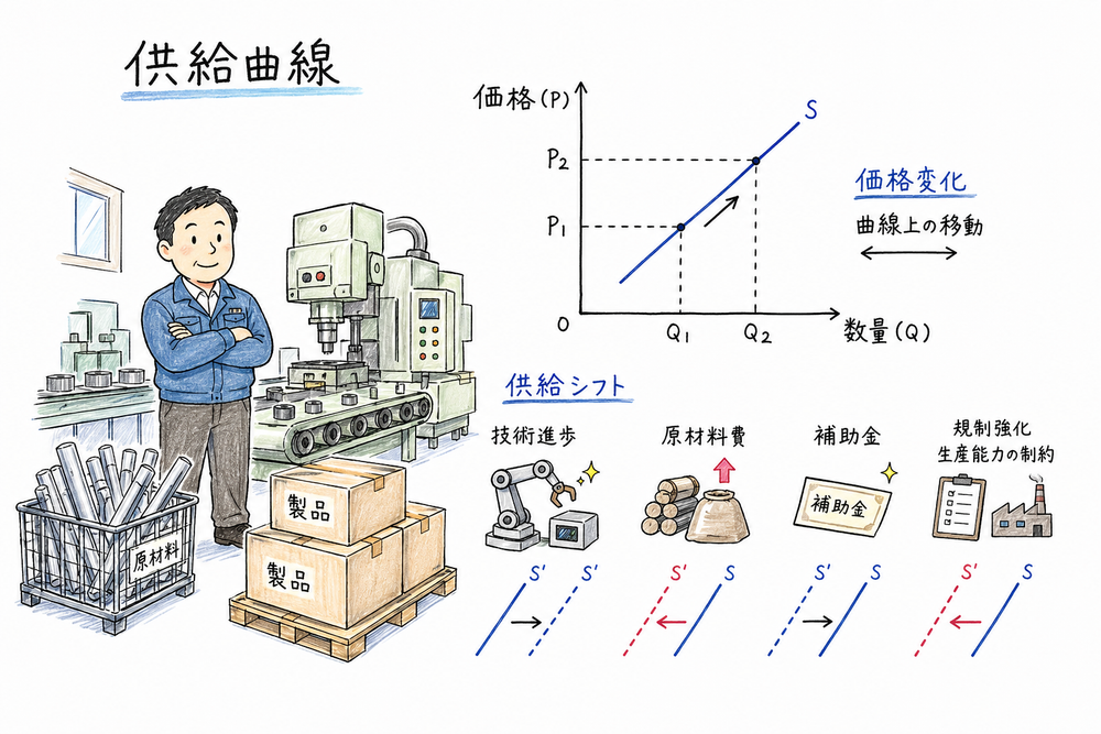 供給曲線では技術進歩や原材料費の変化が供給曲線を左右に動かすことを示す図解