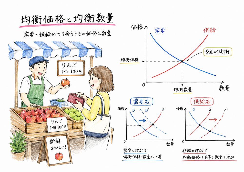 需要曲線と供給曲線の交点が市場均衡であり、需要増と供給増で価格と数量の動きが異なることを示す図解