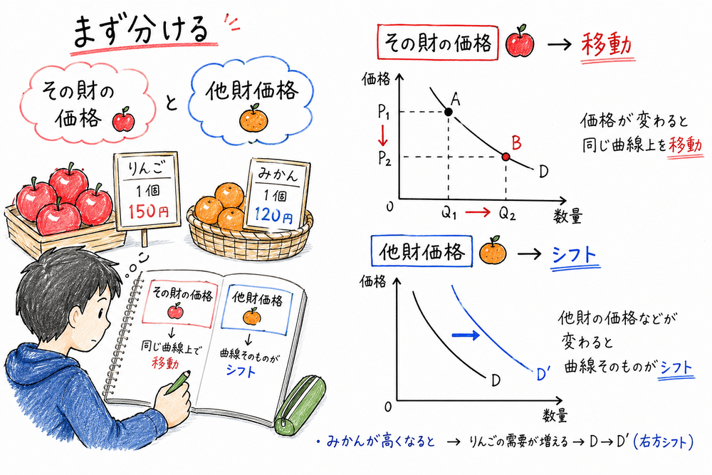 その財の価格変化は曲線上の移動、価格以外の条件変化は曲線そのもののシフトとして分ける図解