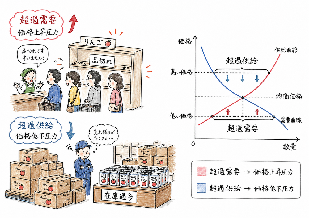 市場価格が均衡価格より低いと超過需要、高いと超過供給が生じ価格調整圧力が働く図解