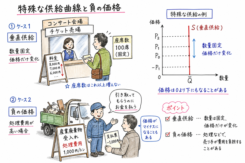 数量が固定された垂直供給では価格だけが変わり、処理費用がある財では負の価格もあり得ることを示す図解