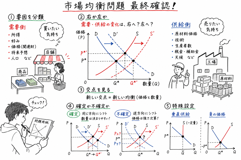 市場均衡問題を需要側か供給側か、右左どちらへ動くか、価格と数量の確定方向で確認する図解