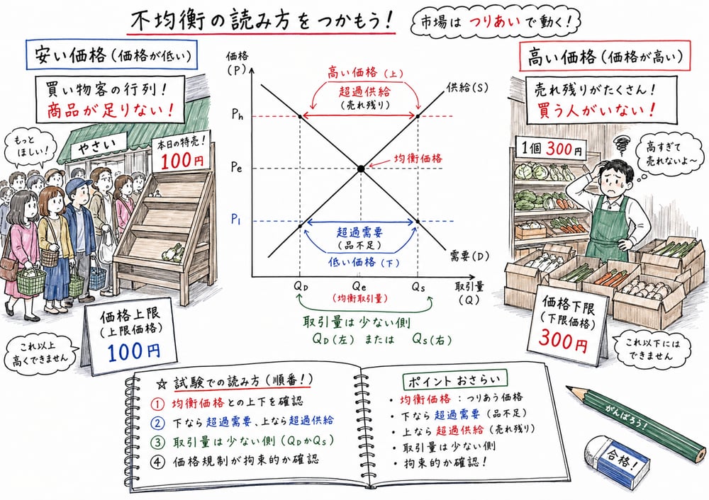 不均衡を均衡価格との上下、超過需要と超過供給、少ない側の取引量で読む図解