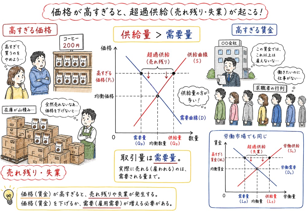 高すぎる価格で供給量が需要量を上回り売れ残りや失業が生じることを示す図解